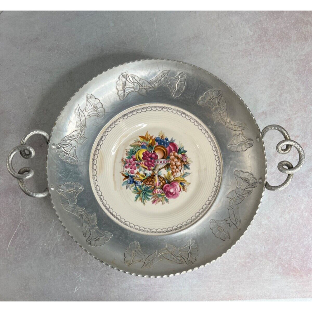 Vintage FarberWare Victorian Floral Tray‎ White Porcelain Aluminum